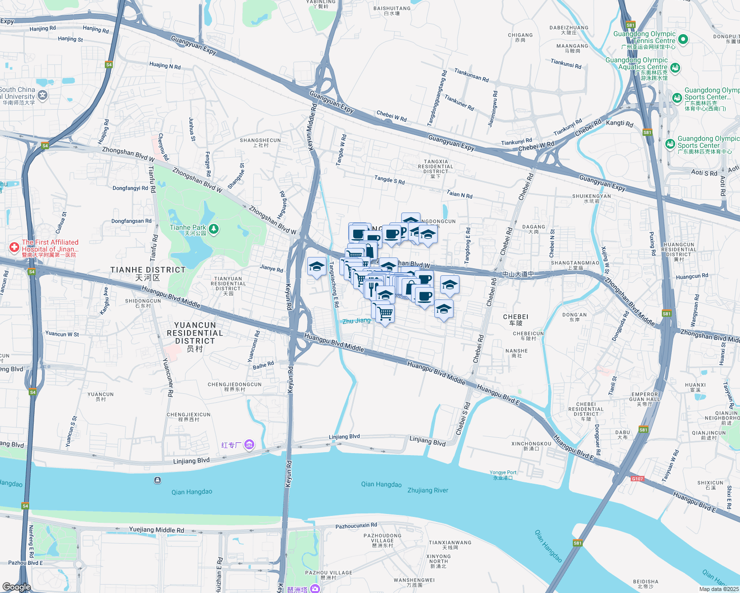 map of restaurants, bars, coffee shops, grocery stores, and more near 1 Ke Xin Lu in Guang Zhou Shi