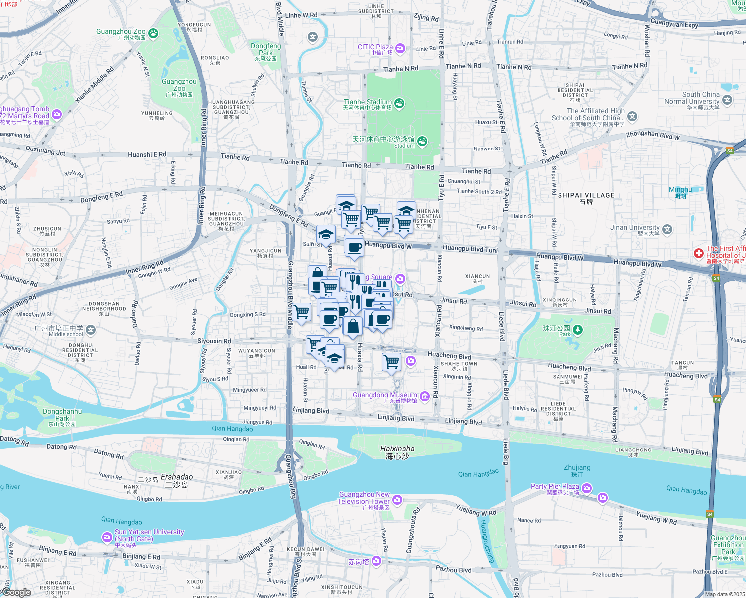 map of restaurants, bars, coffee shops, grocery stores, and more near 62 Jin Sui Lu in Guang Zhou Shi