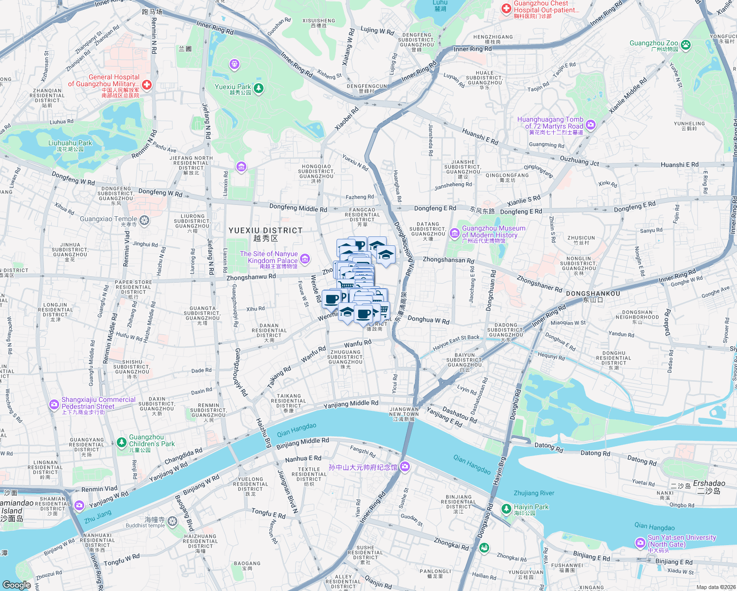 map of restaurants, bars, coffee shops, grocery stores, and more near 280号 Dezheng Middle Road in Guangzhou