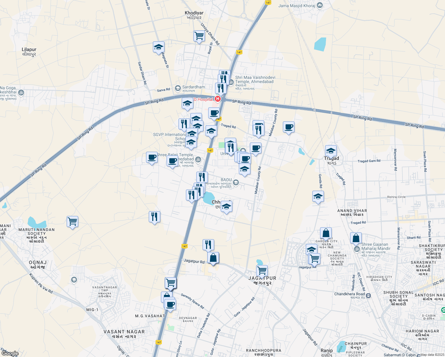 map of restaurants, bars, coffee shops, grocery stores, and more near Off Sarkhej - Gandhinagar Highway in Ahmedabad