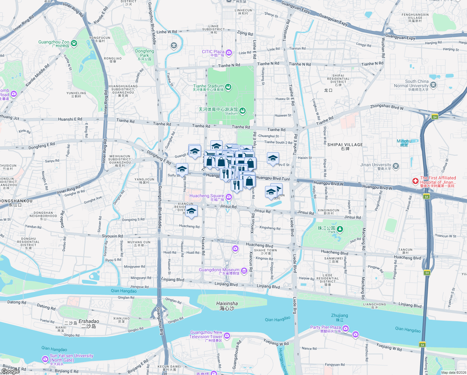 map of restaurants, bars, coffee shops, grocery stores, and more near 32 Zhu Jiang Dong Lu in Guang Zhou Shi