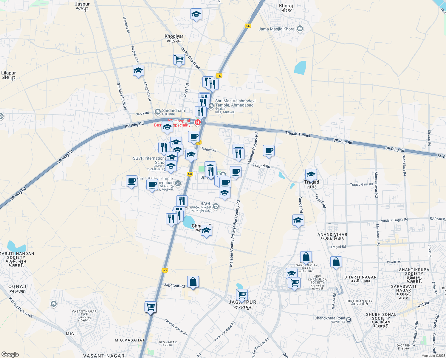 map of restaurants, bars, coffee shops, grocery stores, and more near Sarkhej - Gandhinagar Highway in Ahmedabad