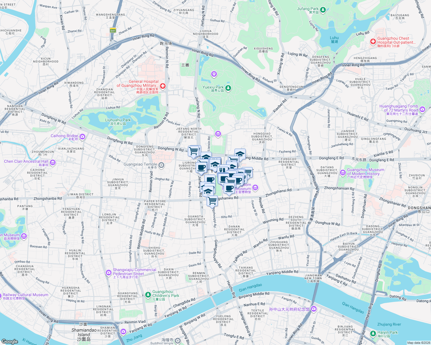 map of restaurants, bars, coffee shops, grocery stores, and more near in Guangzhou