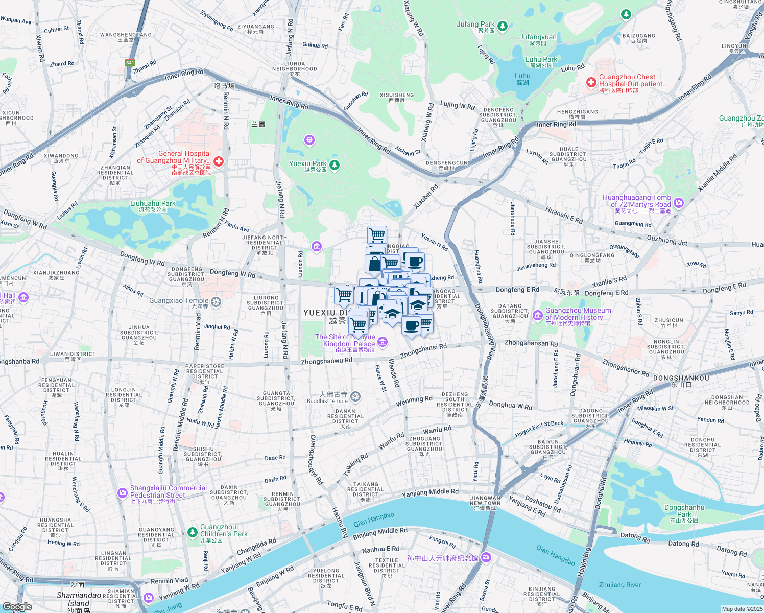 map of restaurants, bars, coffee shops, grocery stores, and more near Yuehua Road in Guangzhou