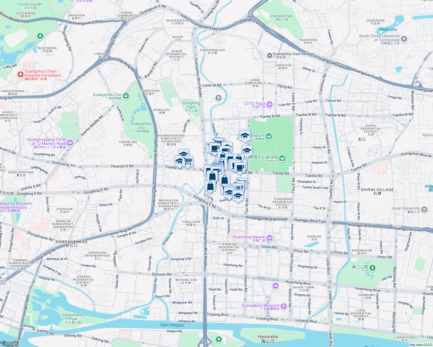 map of restaurants, bars, coffee shops, grocery stores, and more near 104 Tian He Lu in Guang Zhou Shi
