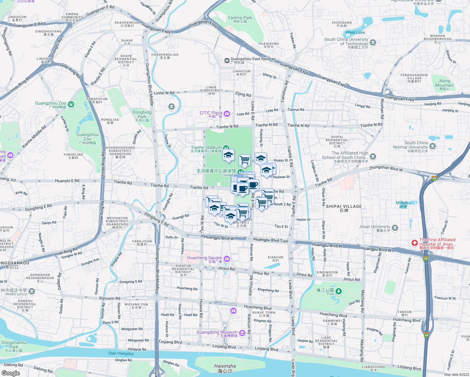 map of restaurants, bars, coffee shops, grocery stores, and more near Tian He Lu in Guang Zhou Shi
