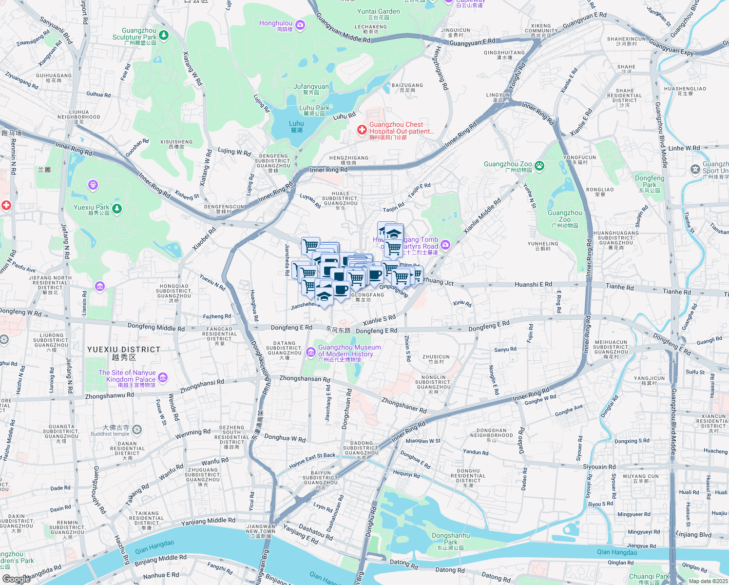 map of restaurants, bars, coffee shops, grocery stores, and more near 49-1-7 Huale Road in Guang Zhou Shi