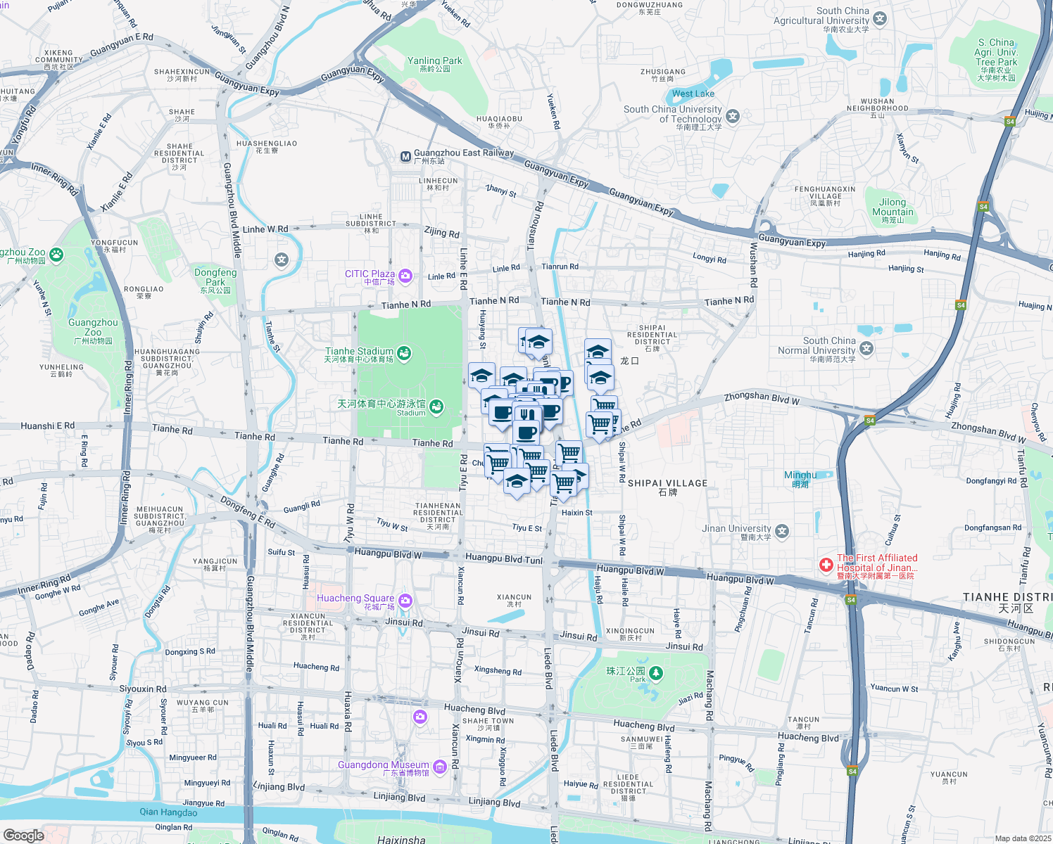 map of restaurants, bars, coffee shops, grocery stores, and more near Tian He Lu in Guang Zhou Shi