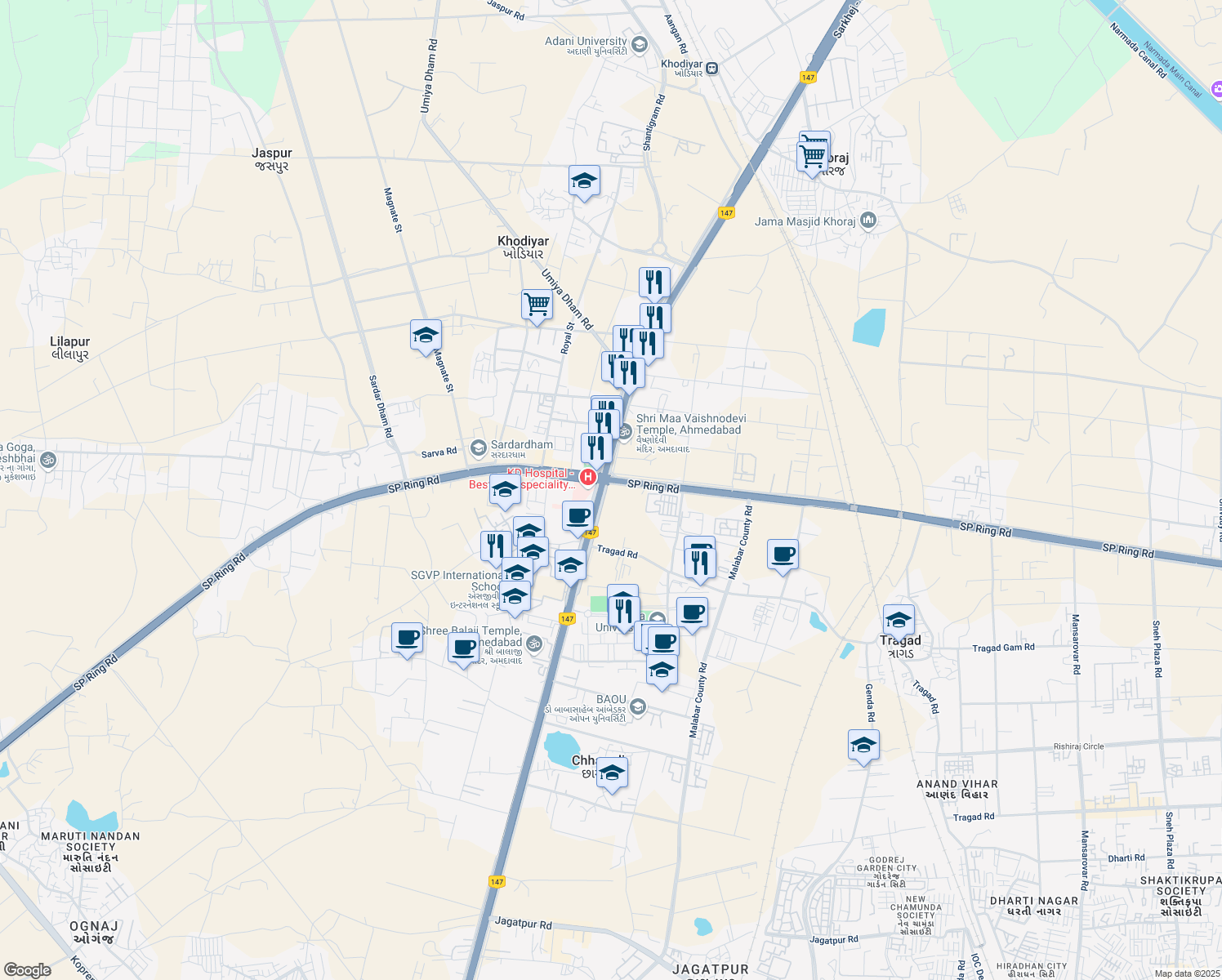 map of restaurants, bars, coffee shops, grocery stores, and more near At Vaishnodevi Circle in Ahmedabad