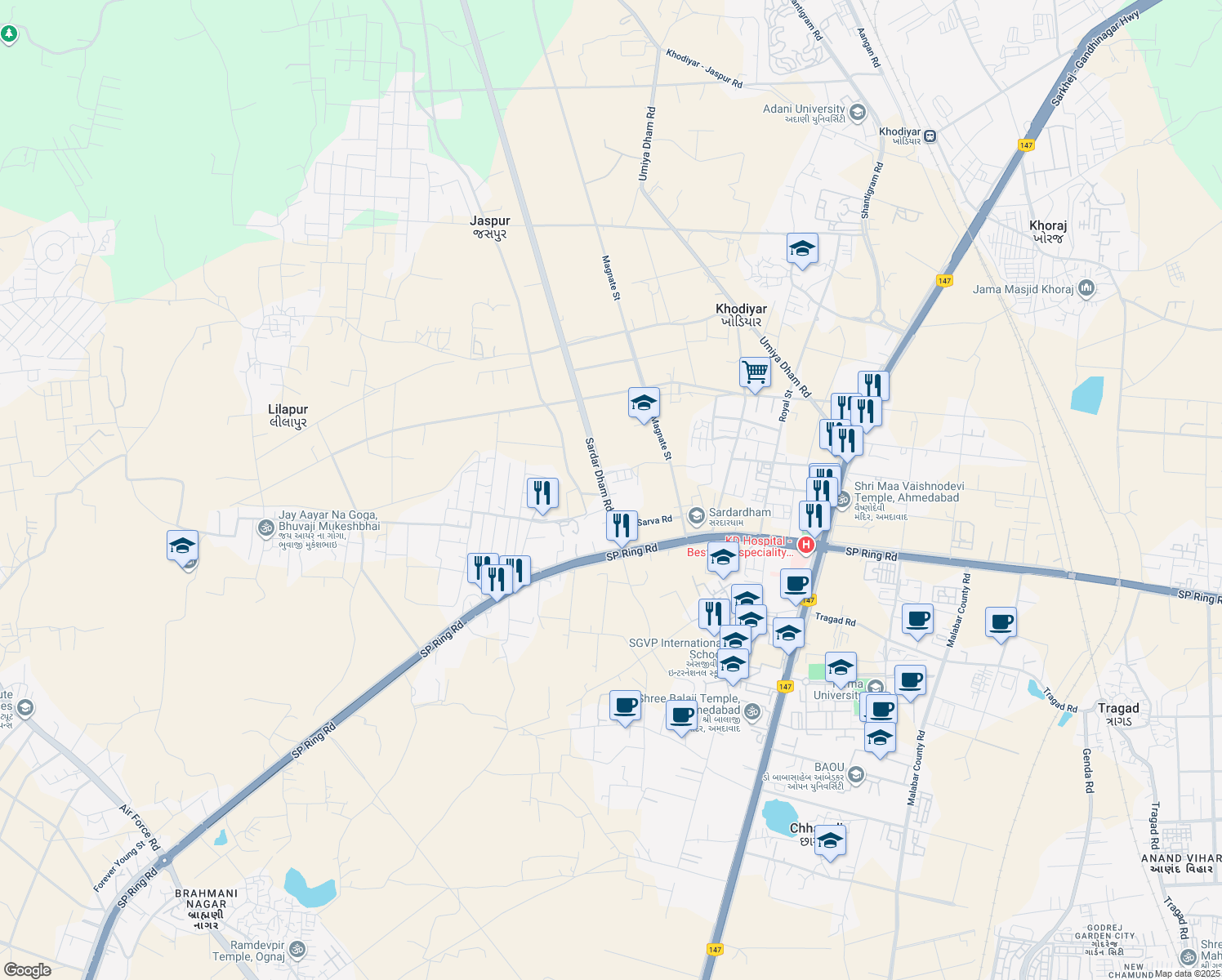 map of restaurants, bars, coffee shops, grocery stores, and more near Vaishnodevi Circle in Khodiyar