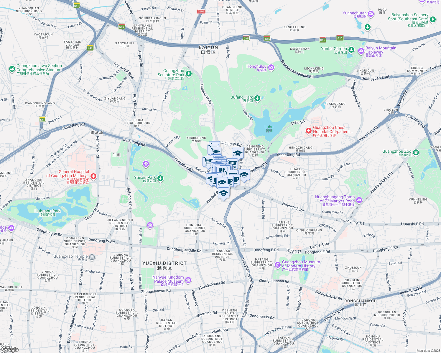 map of restaurants, bars, coffee shops, grocery stores, and more near 45号 Baohan Straight Street in Guangzhou