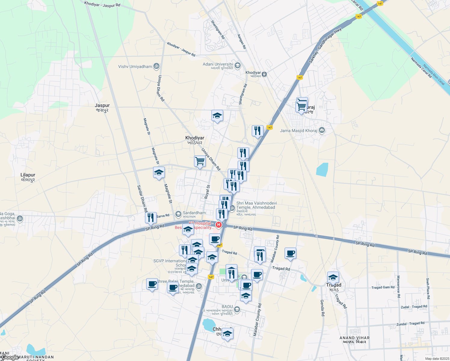 map of restaurants, bars, coffee shops, grocery stores, and more near Sarkhej - Gandhinagar Highway in Adalaj