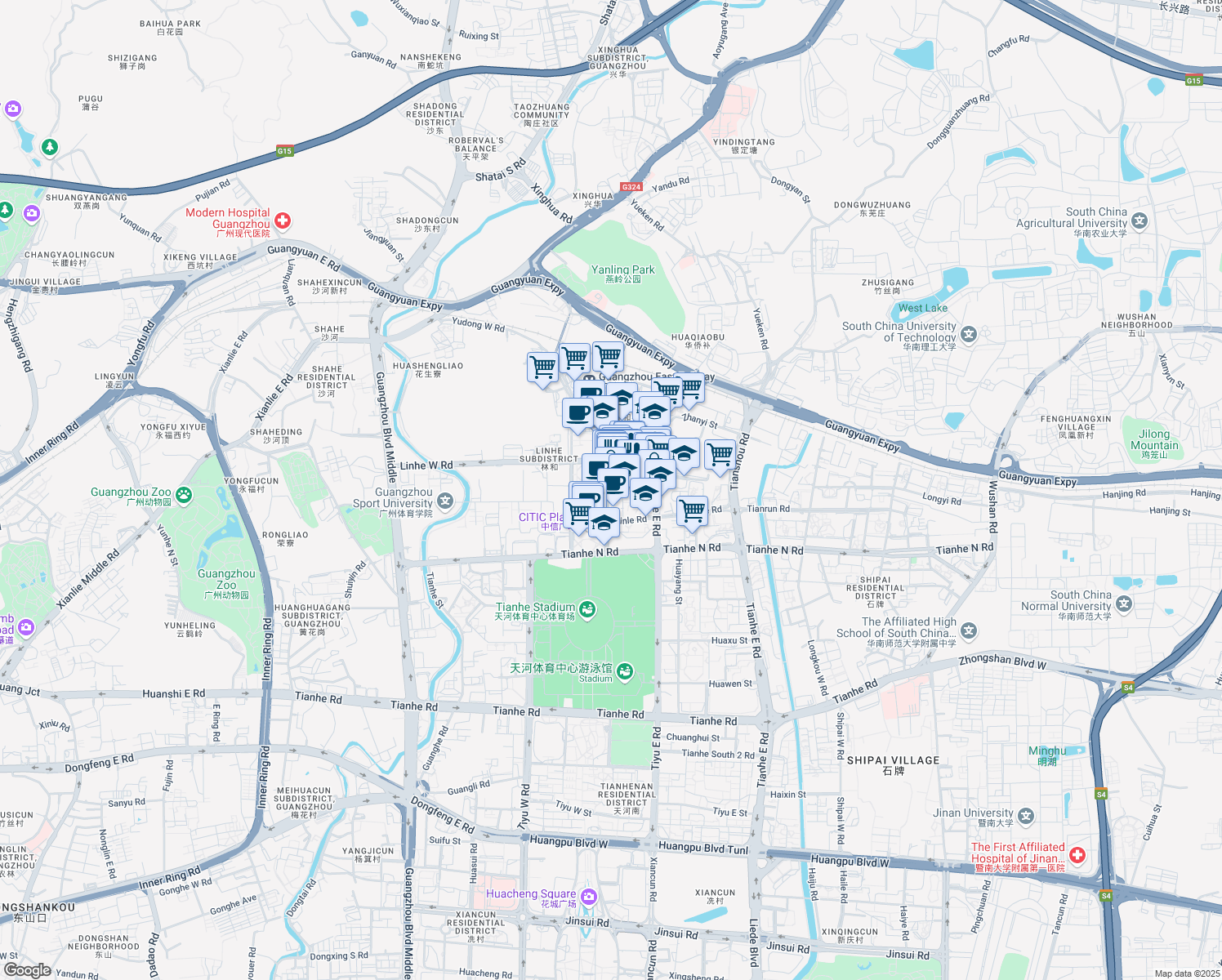 map of restaurants, bars, coffee shops, grocery stores, and more near Lin He Zhong Lu in Guang Zhou Shi