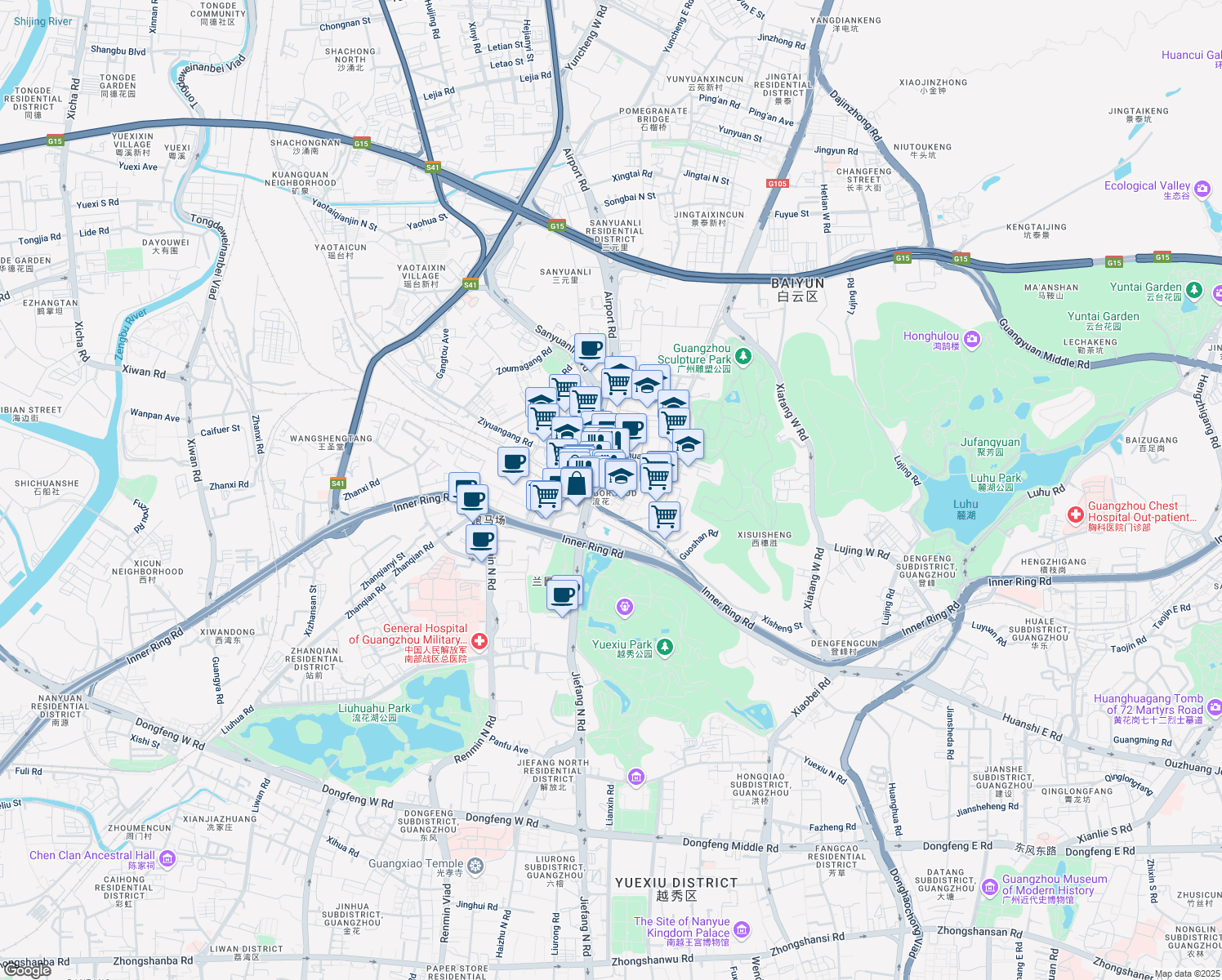 map of restaurants, bars, coffee shops, grocery stores, and more near Guihuagang 1st Street in Guangzhou