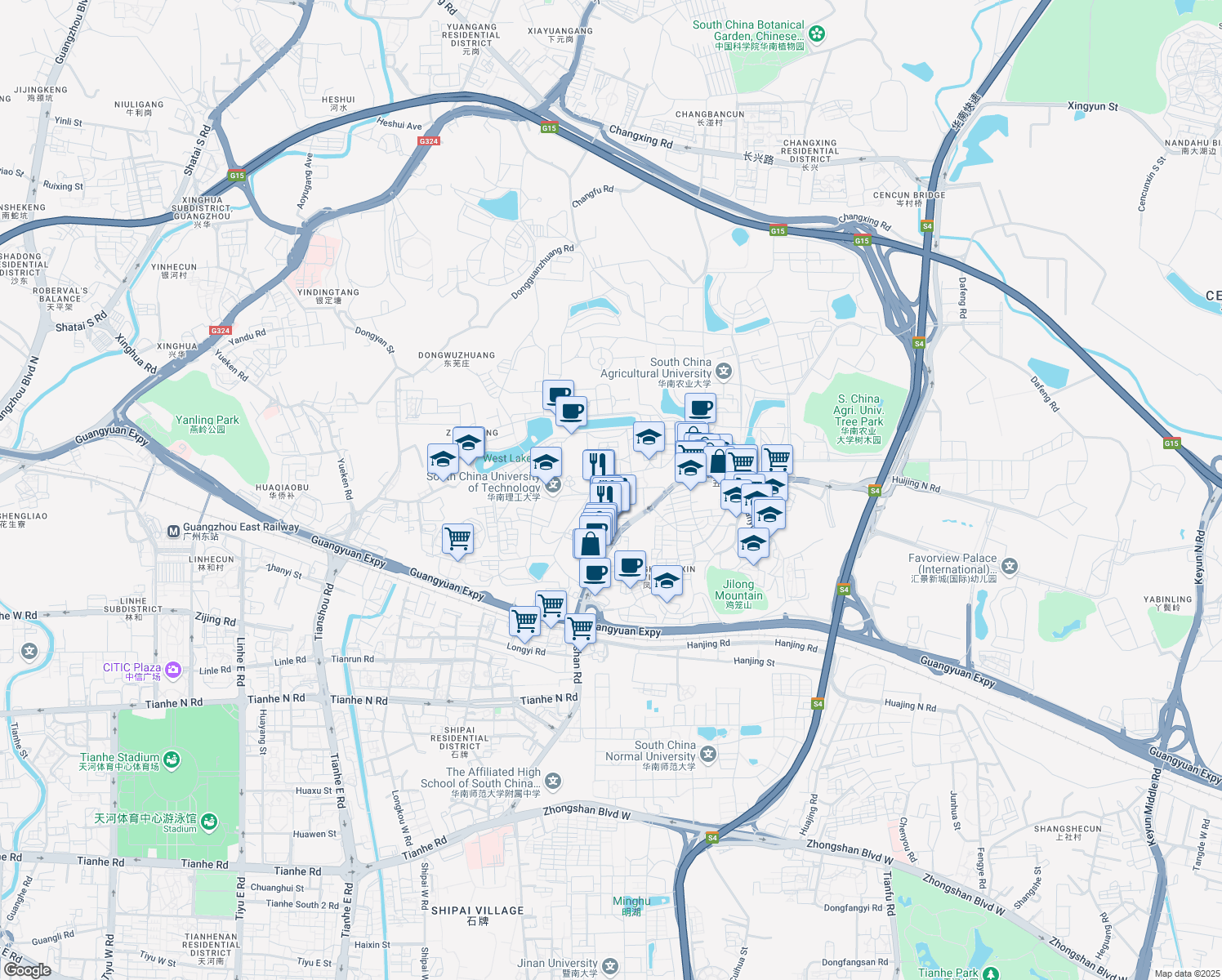 map of restaurants, bars, coffee shops, grocery stores, and more near Zhong Shan Lu in Guang Zhou Shi