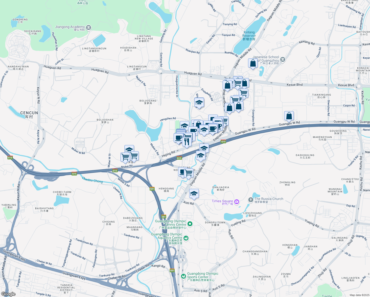 map of restaurants, bars, coffee shops, grocery stores, and more near He Jing Lu in Guang Zhou Shi