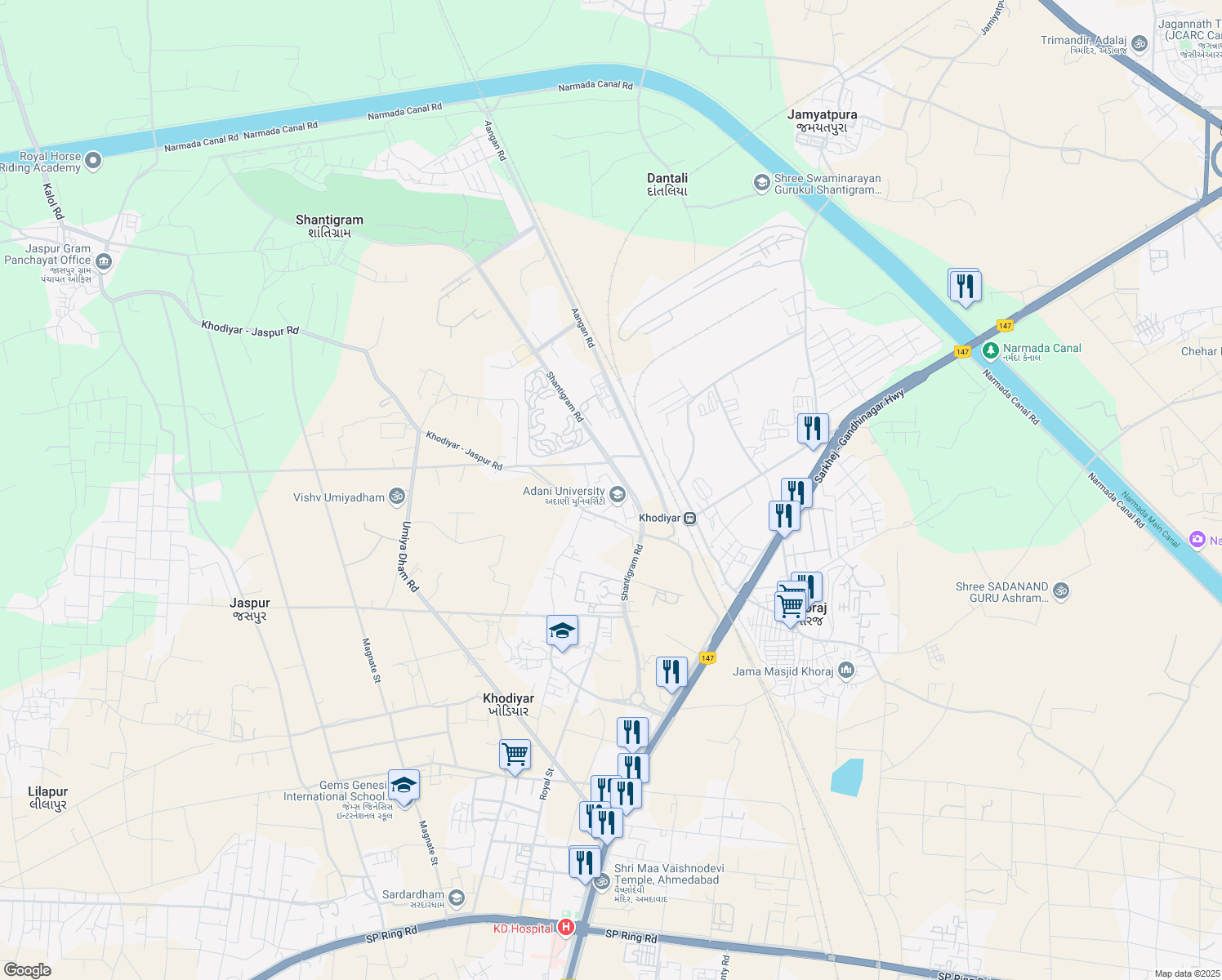 map of restaurants, bars, coffee shops, grocery stores, and more near Sarkhej - Gandhinagar Highway in Shantigram
