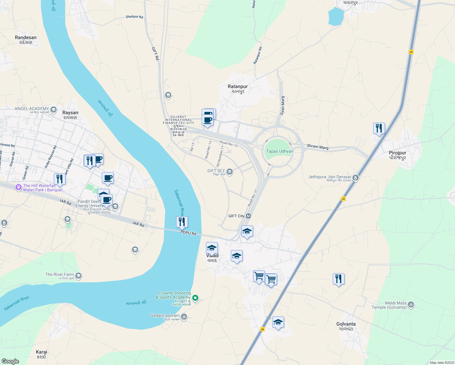 map of restaurants, bars, coffee shops, grocery stores, and more near in Gandhinagar