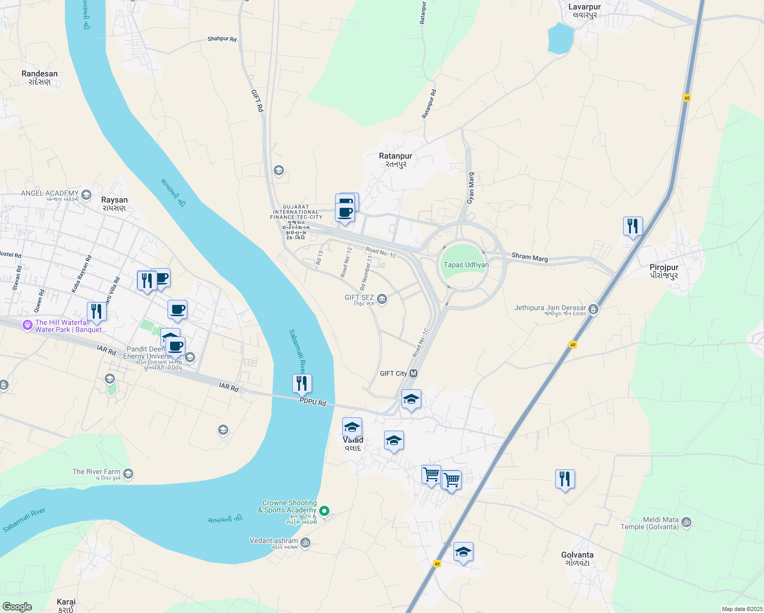 map of restaurants, bars, coffee shops, grocery stores, and more near in Gandhinagar