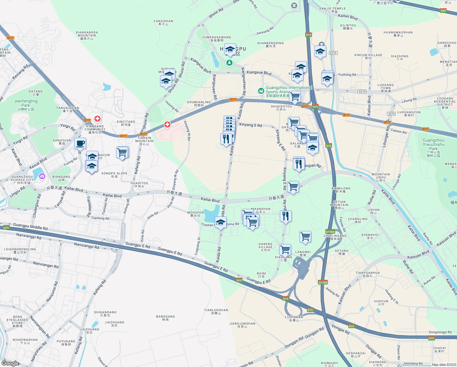 map of restaurants, bars, coffee shops, grocery stores, and more near Kai Da Lu in Guang Zhou Shi
