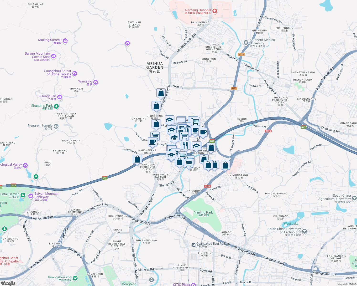 map of restaurants, bars, coffee shops, grocery stores, and more near Yin Li Jie in Guang Zhou Shi