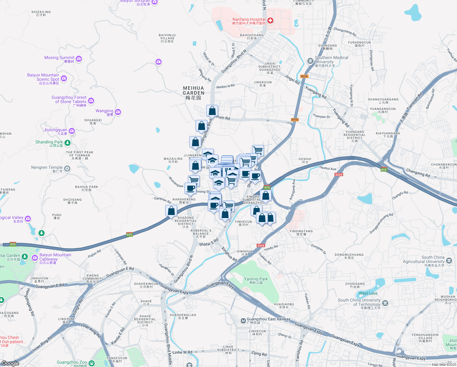 map of restaurants, bars, coffee shops, grocery stores, and more near Yin Li Jie in Guang Zhou Shi