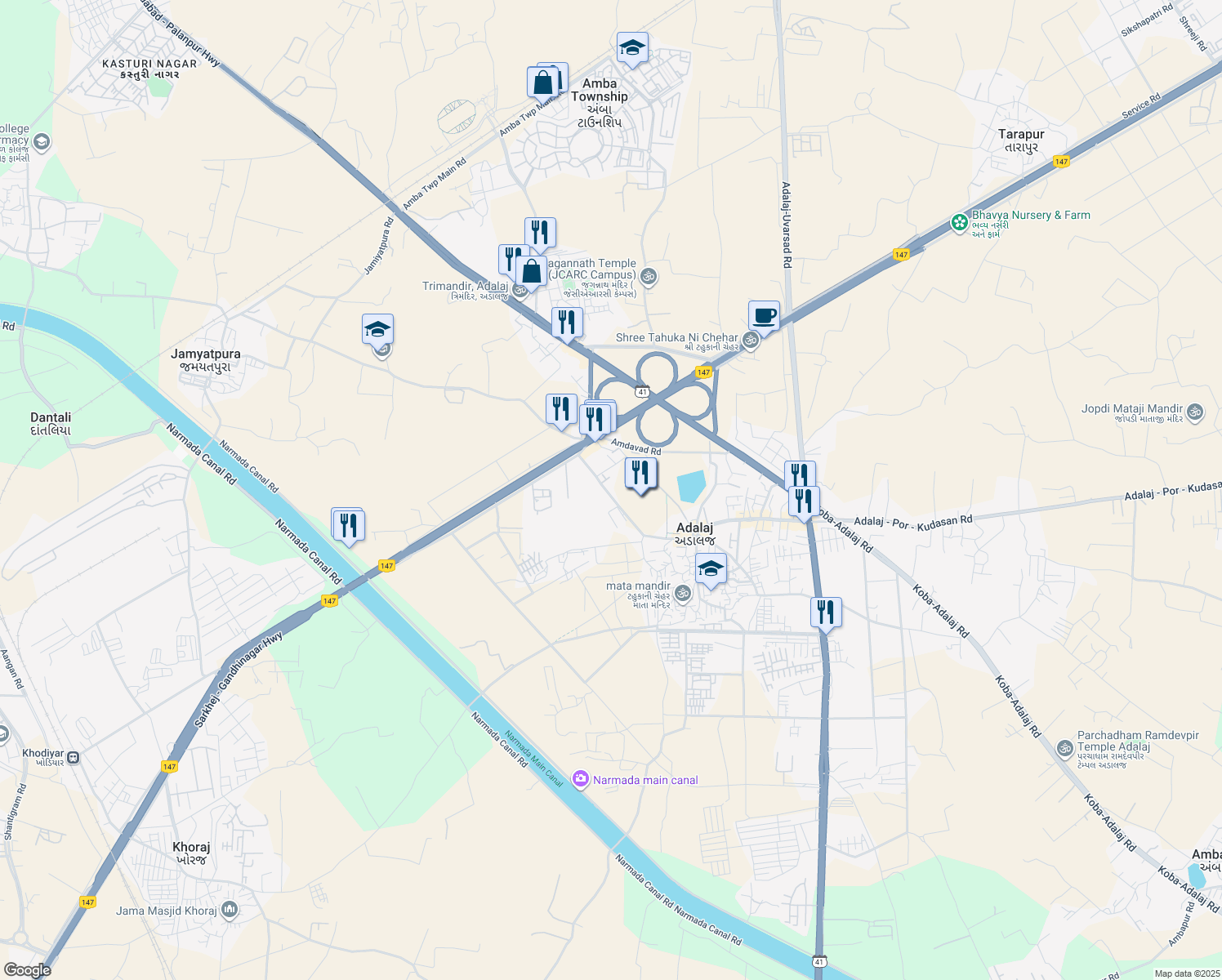 map of restaurants, bars, coffee shops, grocery stores, and more near Sarkhej - Gandhinagar Highway in Adalaj