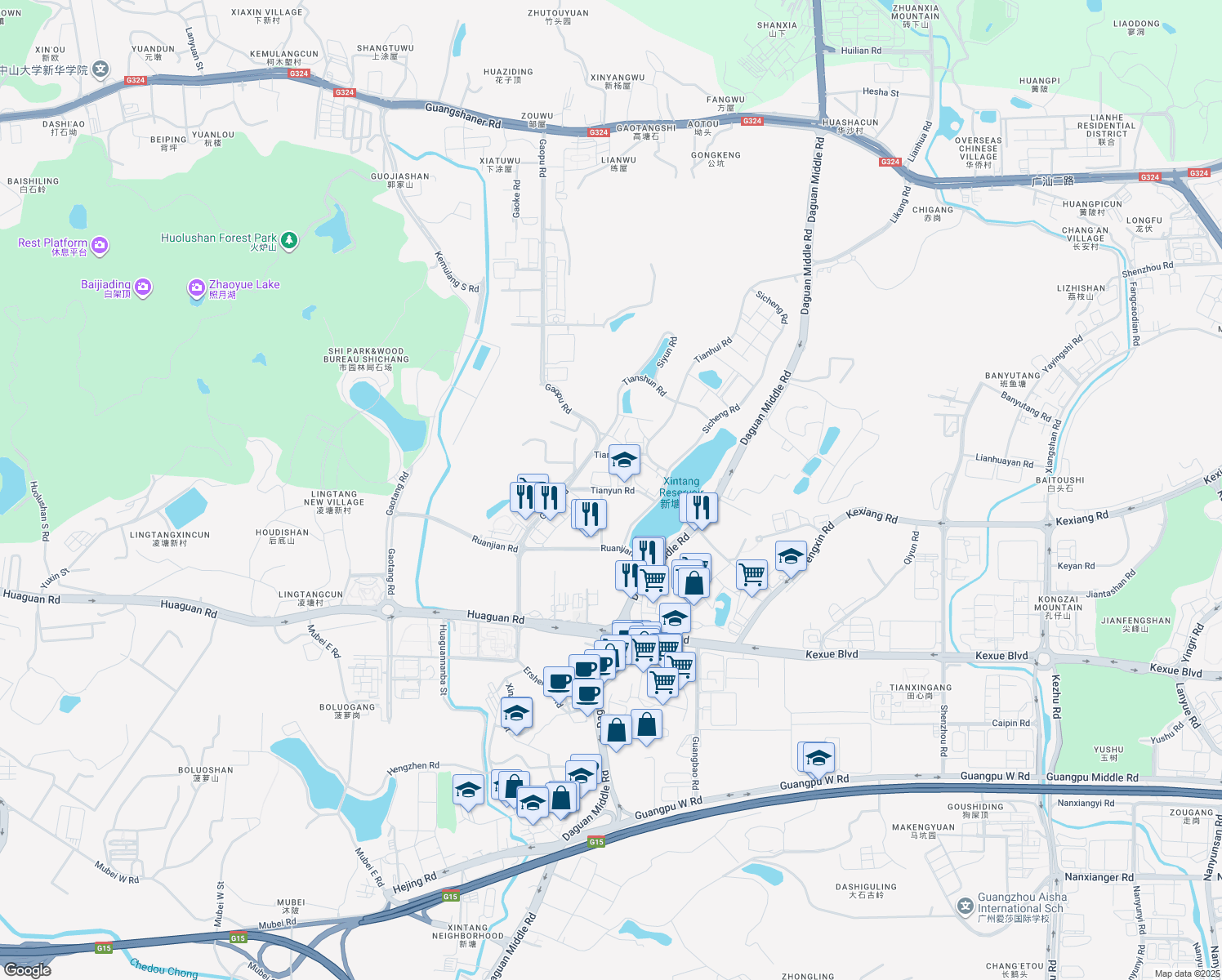 map of restaurants, bars, coffee shops, grocery stores, and more near Tian Yun Lu in Guang Zhou Shi