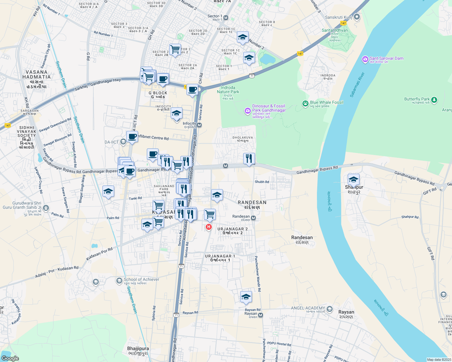 map of restaurants, bars, coffee shops, grocery stores, and more near Sanskruti Road in Gandhinagar