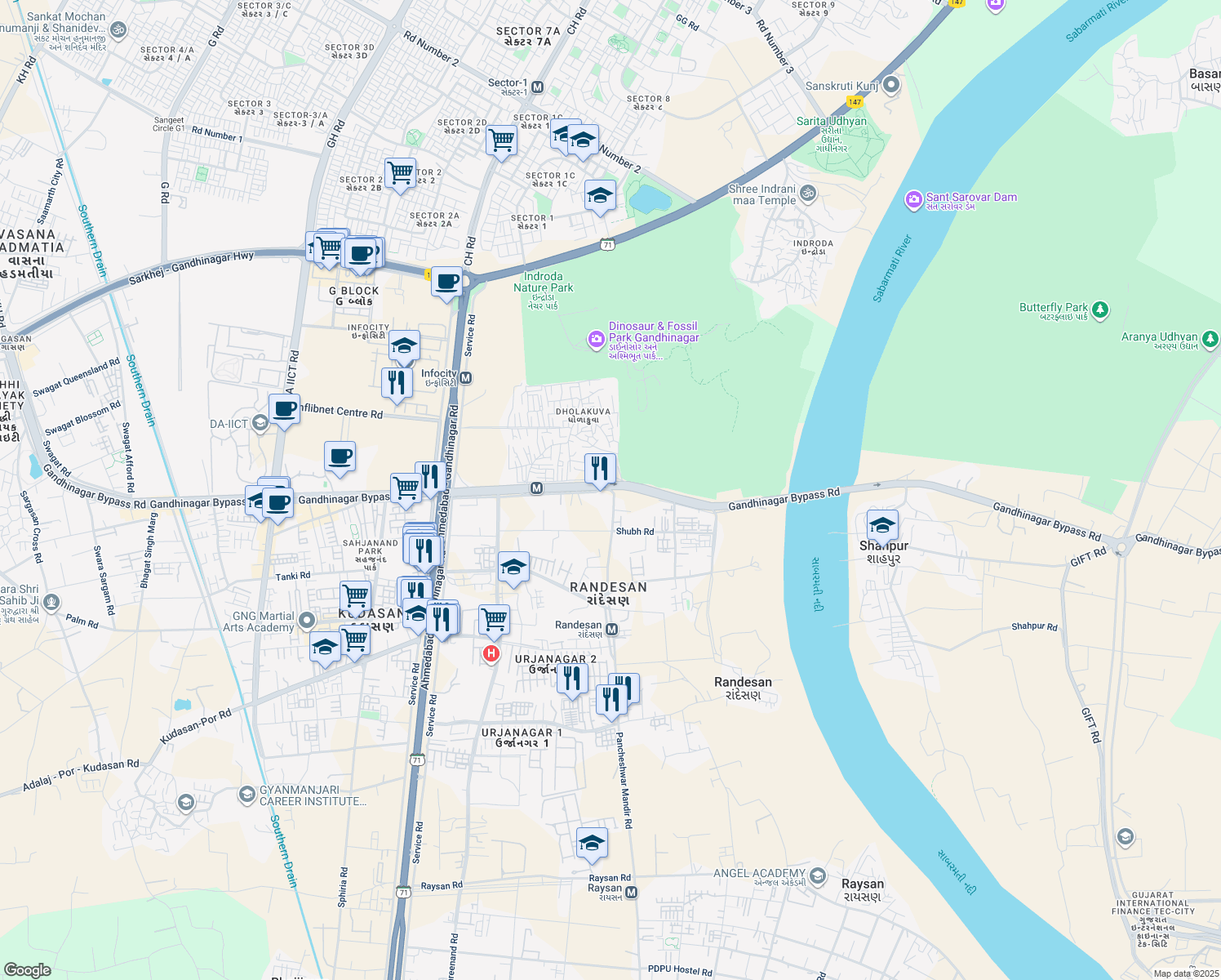 map of restaurants, bars, coffee shops, grocery stores, and more near Sanskruti Road in Gandhinagar