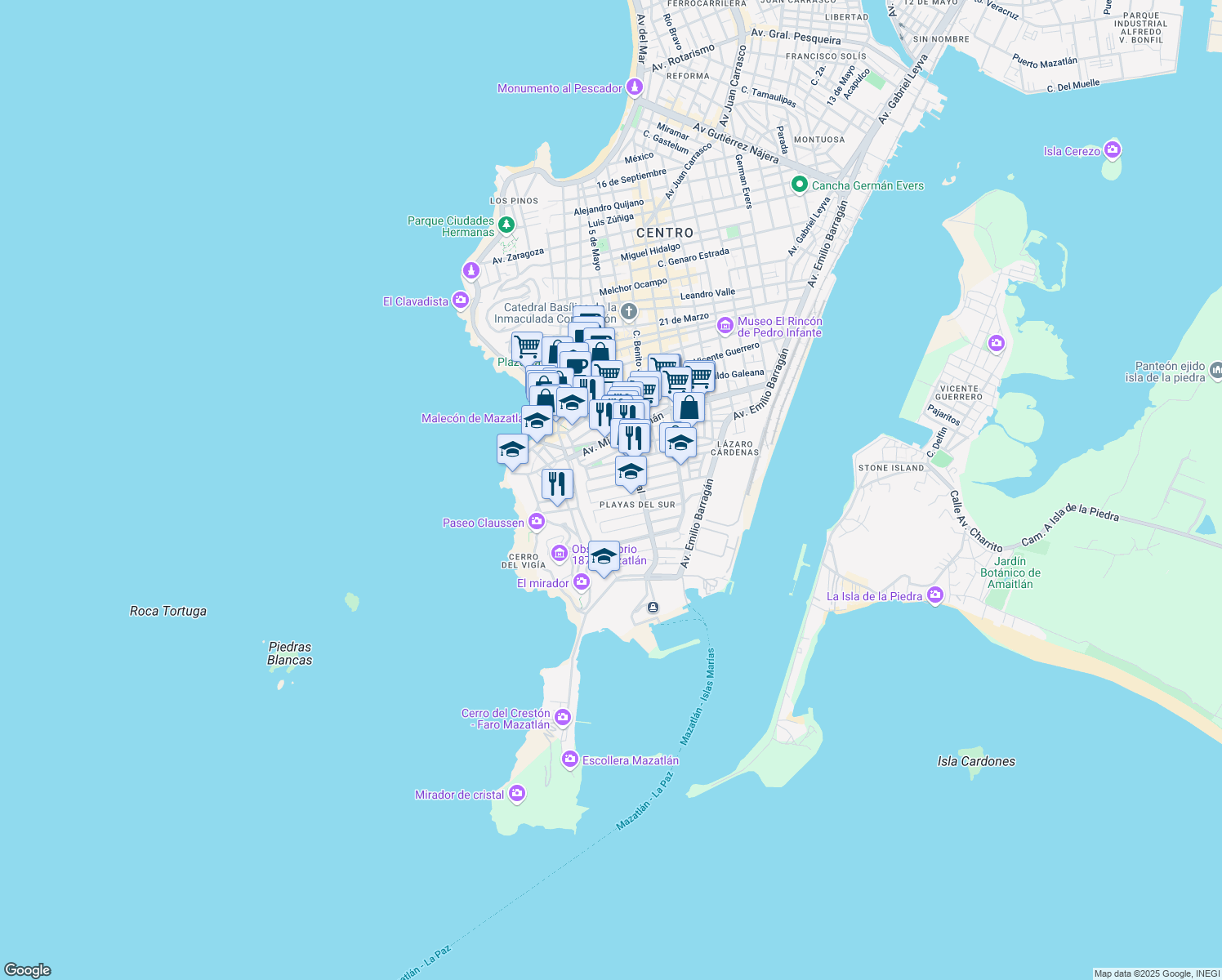 map of restaurants, bars, coffee shops, grocery stores, and more near 188 Playa Copacabana in Mazatlán