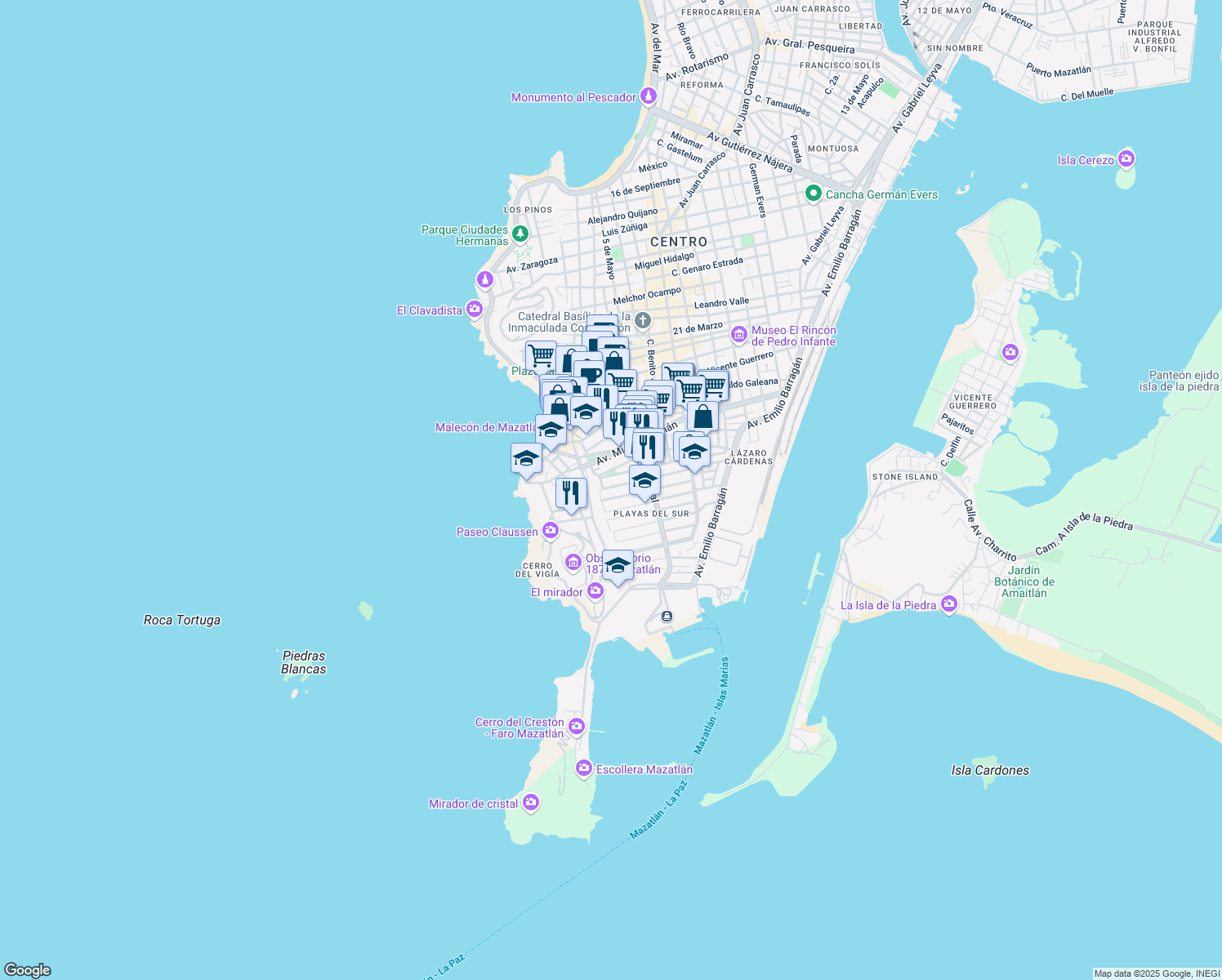 map of restaurants, bars, coffee shops, grocery stores, and more near 188 Playa Copacabana in Mazatlán