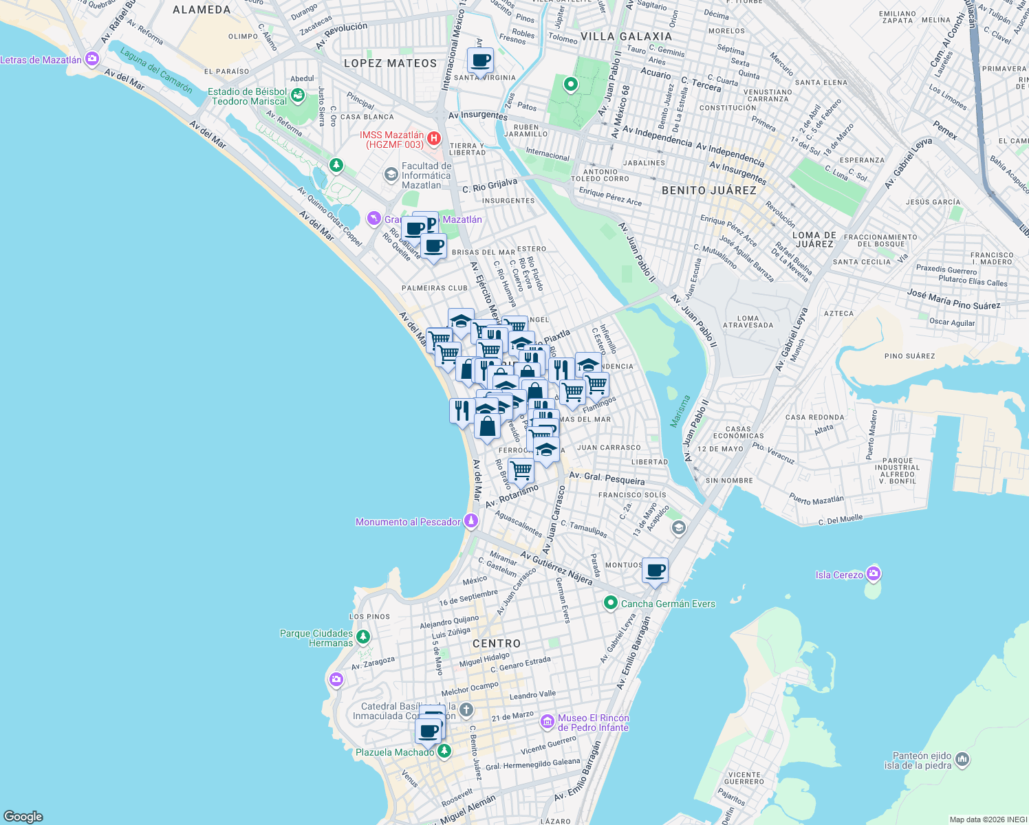 map of restaurants, bars, coffee shops, grocery stores, and more near 405 Avenida de la Gaviotas in Mazatlán