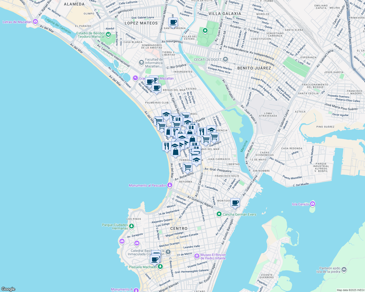 map of restaurants, bars, coffee shops, grocery stores, and more near 504 Río Presidió in Mazatlan