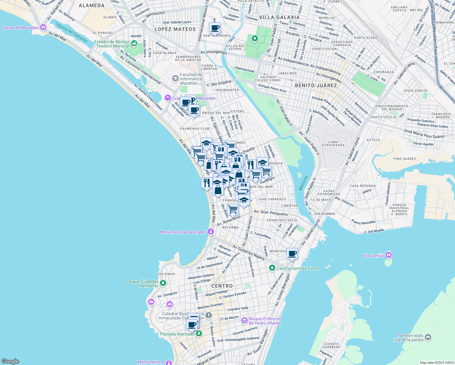 map of restaurants, bars, coffee shops, grocery stores, and more near 504 Río Presidio in Mazatlán