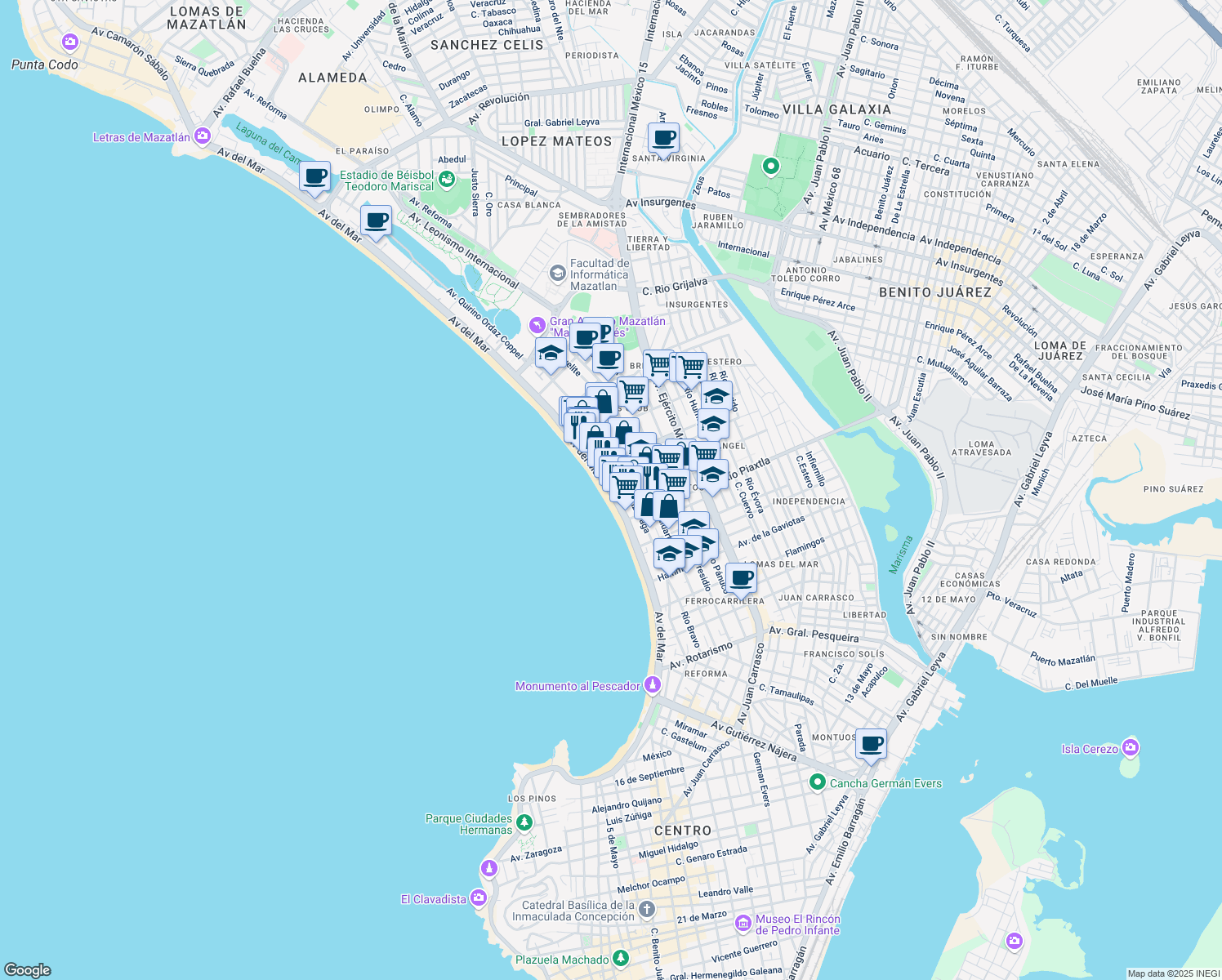 map of restaurants, bars, coffee shops, grocery stores, and more near in Mazatlán