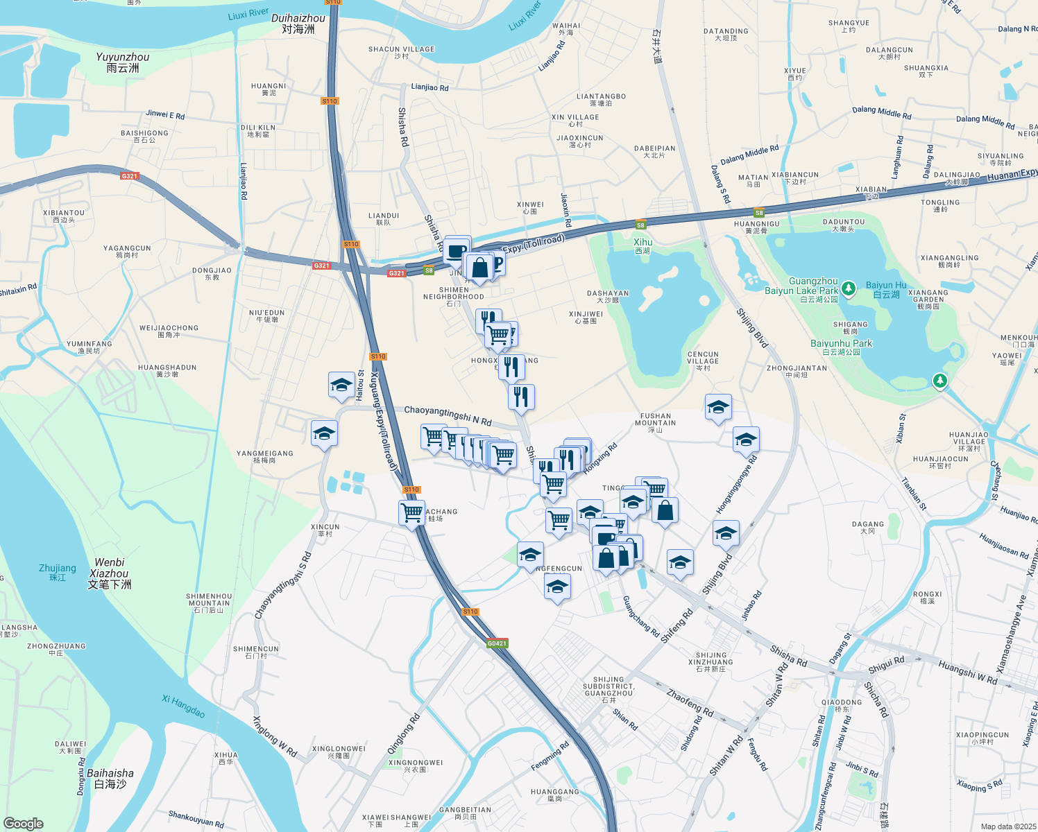 map of restaurants, bars, coffee shops, grocery stores, and more near Shi Sha Lu in Guang Zhou Shi