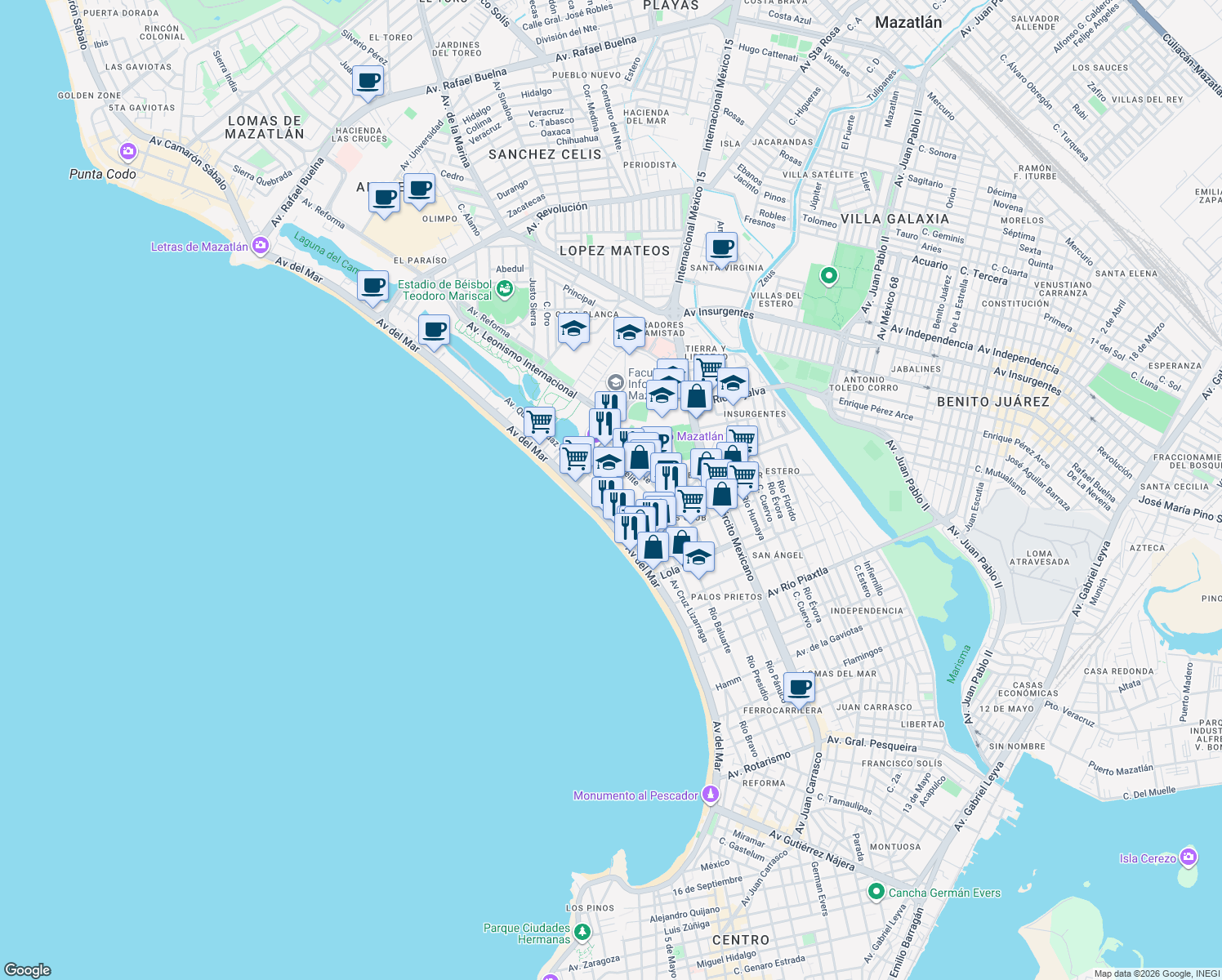 map of restaurants, bars, coffee shops, grocery stores, and more near Río Elota in Mazatlán