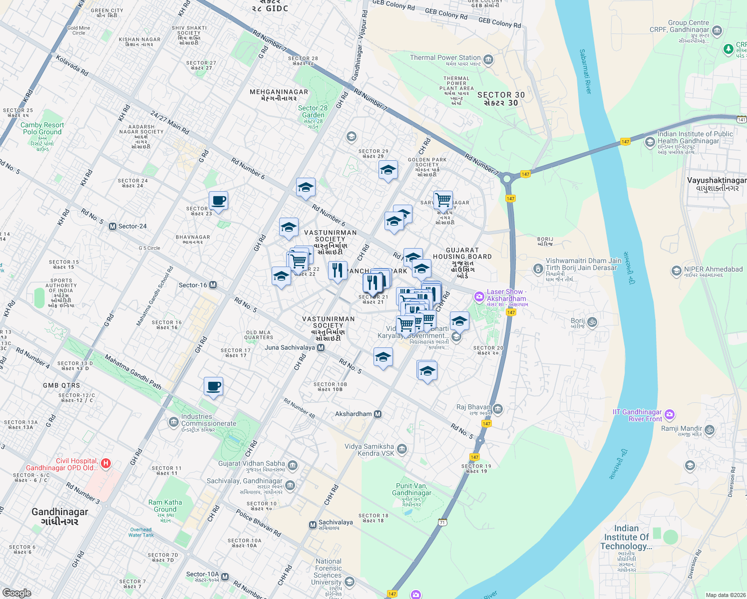 map of restaurants, bars, coffee shops, grocery stores, and more near in Gandhinagar