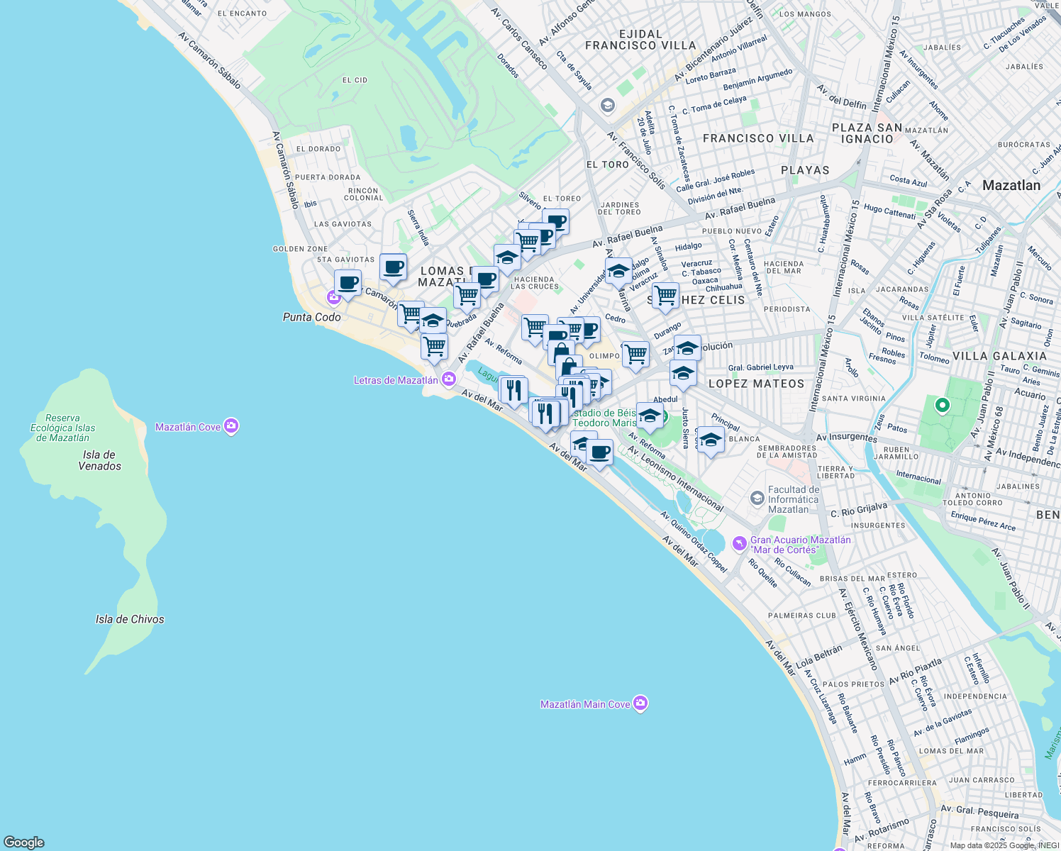 map of restaurants, bars, coffee shops, grocery stores, and more near 1020 Av. del Mar in Mazatlán