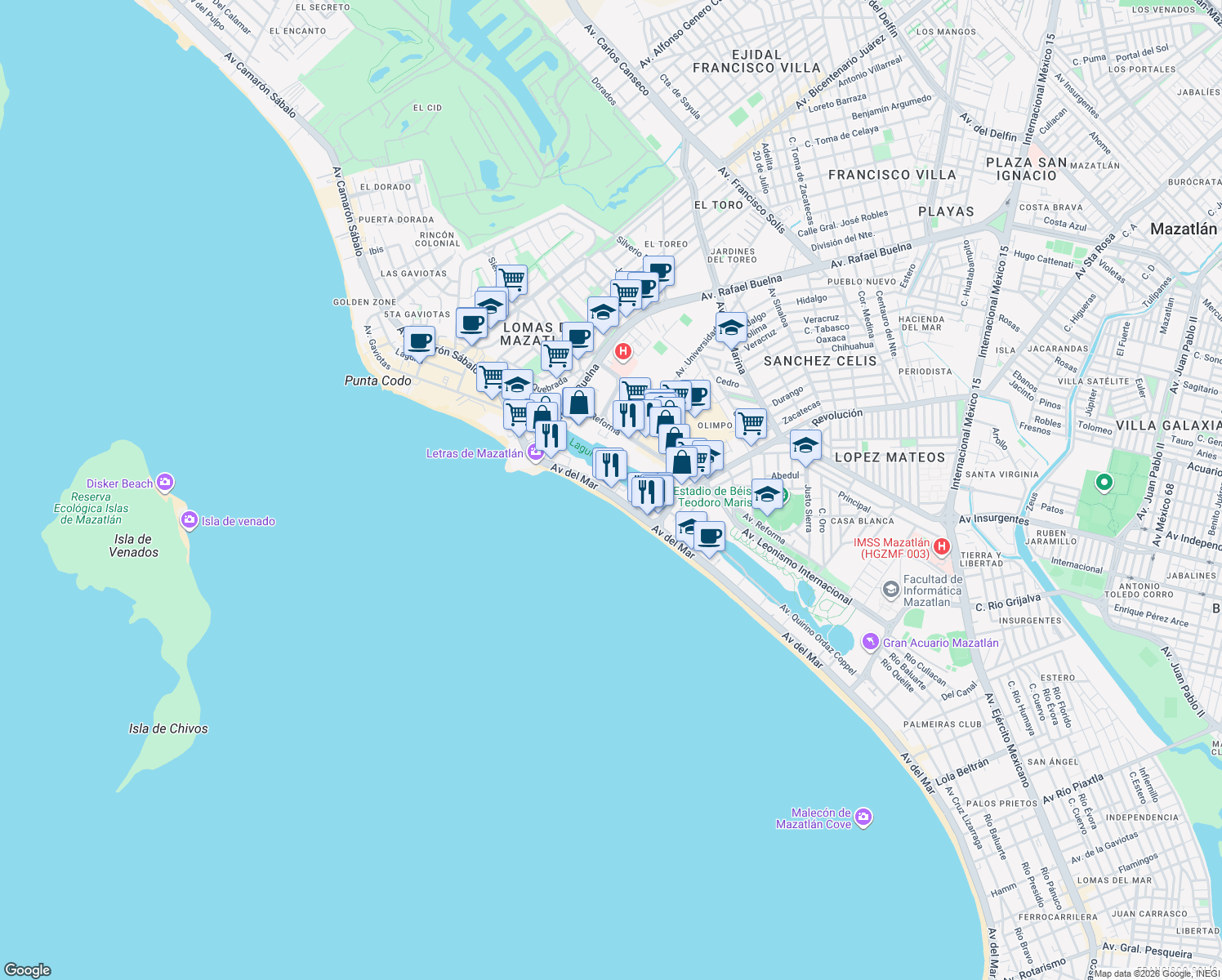 map of restaurants, bars, coffee shops, grocery stores, and more near 1115 Avenida del Mar in Mazatlán