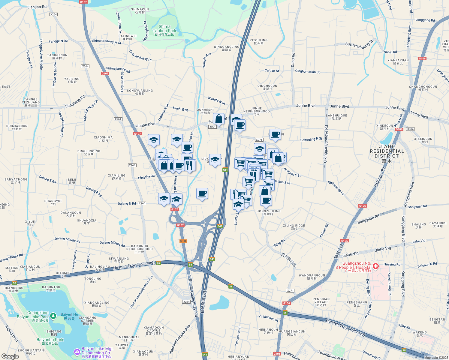 map of restaurants, bars, coffee shops, grocery stores, and more near Ji Chang Gao Su Gong Lu in Guang Zhou Shi
