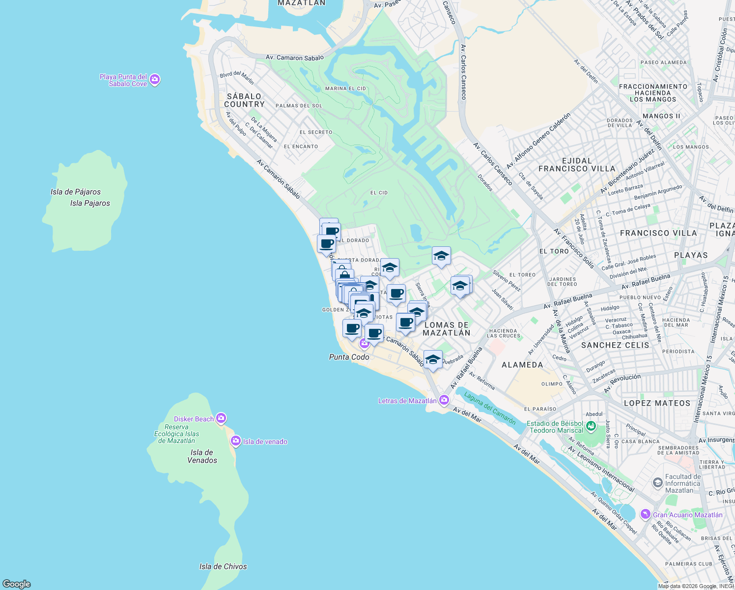 map of restaurants, bars, coffee shops, grocery stores, and more near 307 Calle Río Bravo in Mazatlán