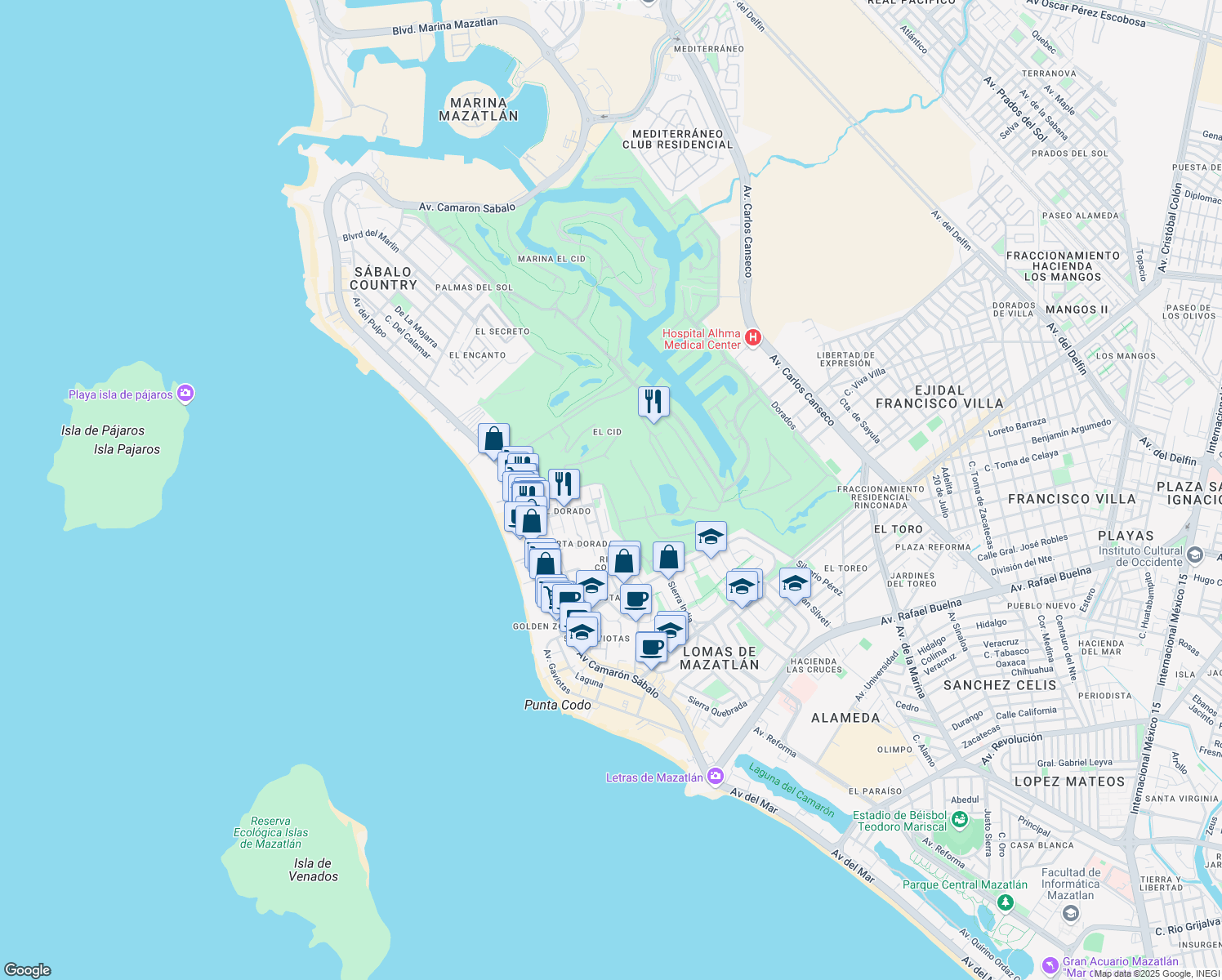map of restaurants, bars, coffee shops, grocery stores, and more near 344 Don Julio Berdegué Aznar in Mazatlán