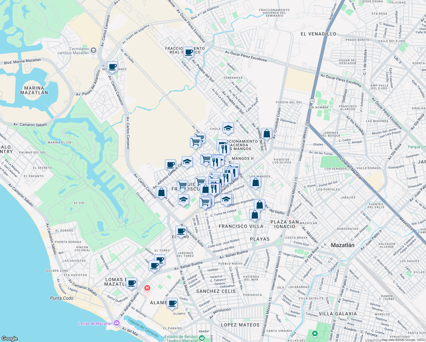 map of restaurants, bars, coffee shops, grocery stores, and more near 330 Toma de Santa Rosa in Mazatlán