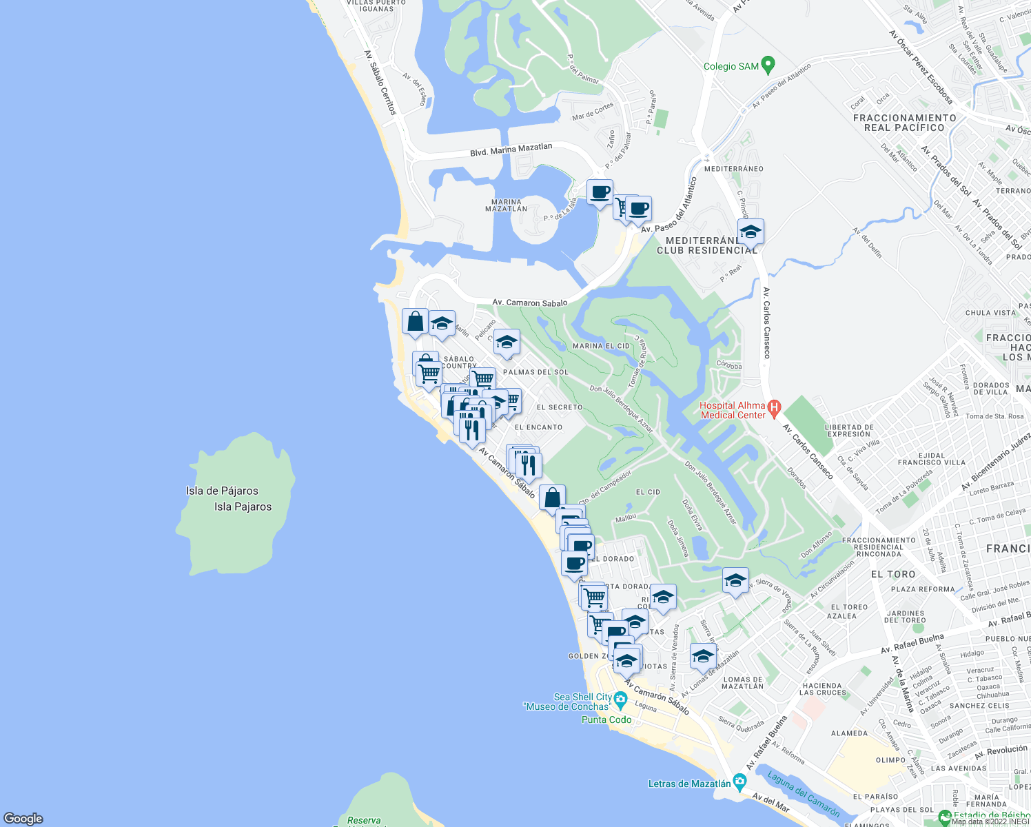 map of restaurants, bars, coffee shops, grocery stores, and more near 1912 AVenida del Tiburón in Mazatlán