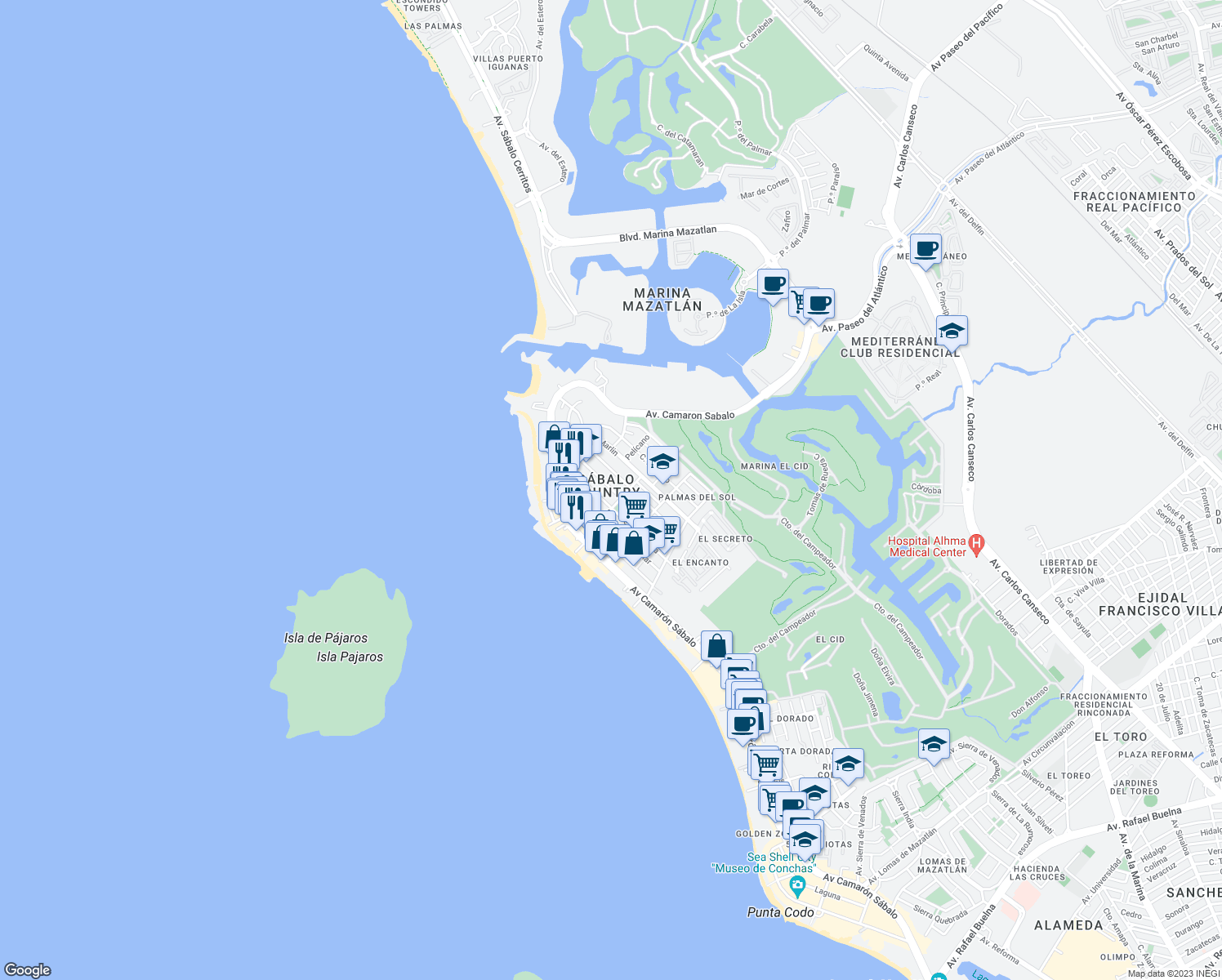 map of restaurants, bars, coffee shops, grocery stores, and more near in Mazatlán