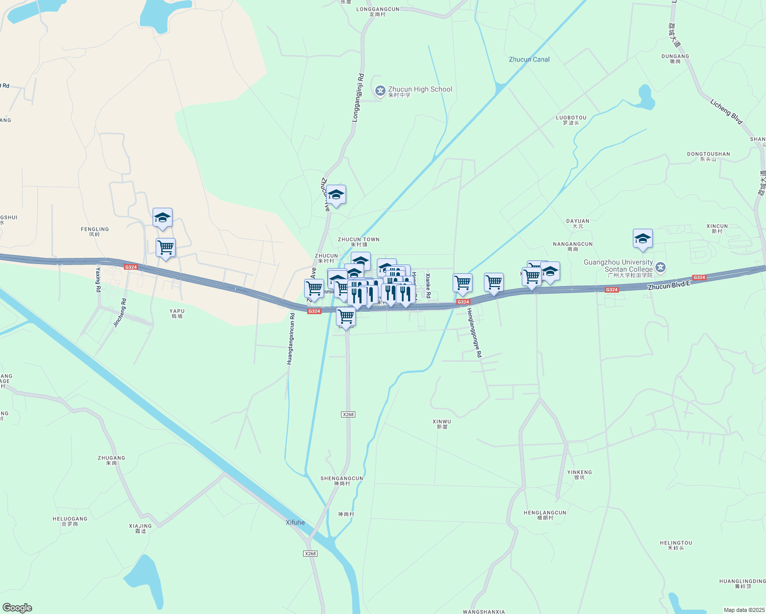 map of restaurants, bars, coffee shops, grocery stores, and more near Zhu Cun Da Dao Zhong in Guang Zhou Shi
