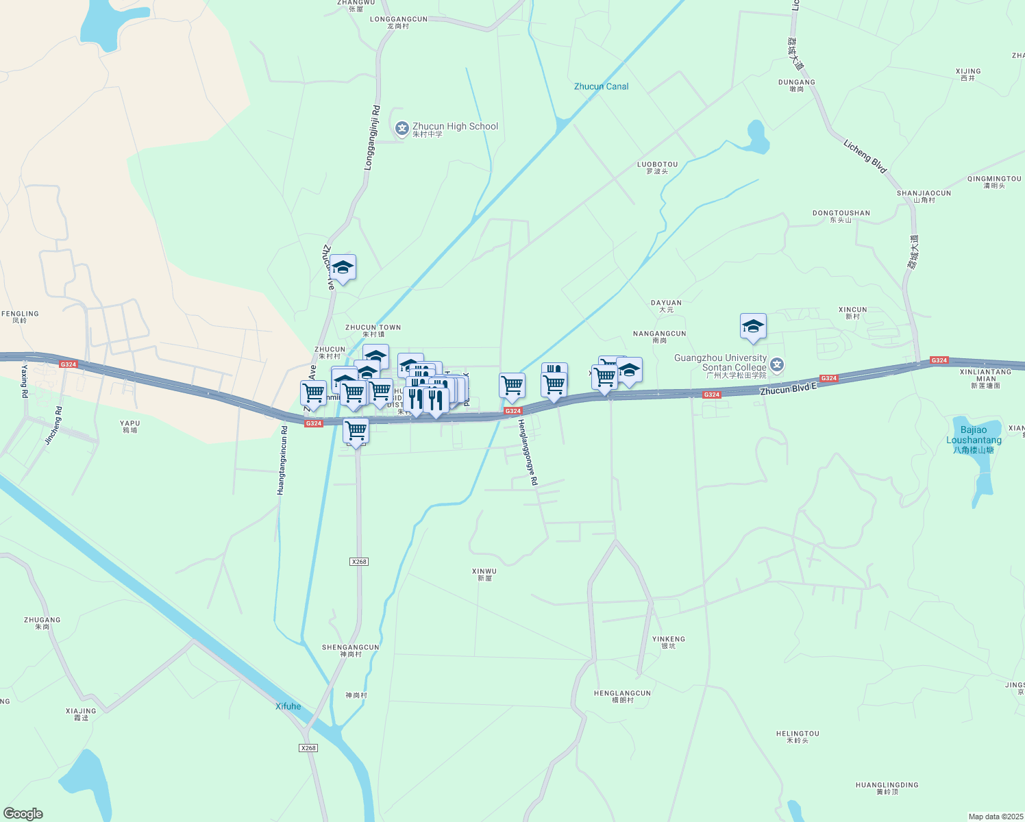 map of restaurants, bars, coffee shops, grocery stores, and more near Zhu Cun Da Dao Zhong in Guang Zhou Shi