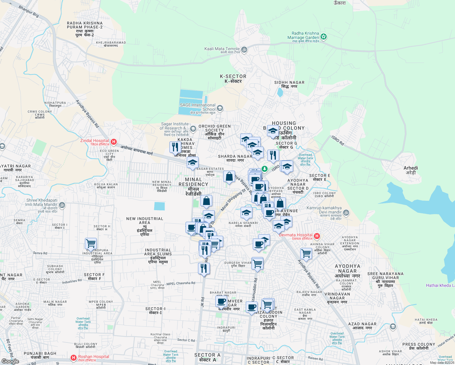map of restaurants, bars, coffee shops, grocery stores, and more near Ayodhya Bypass Road in Bhopal